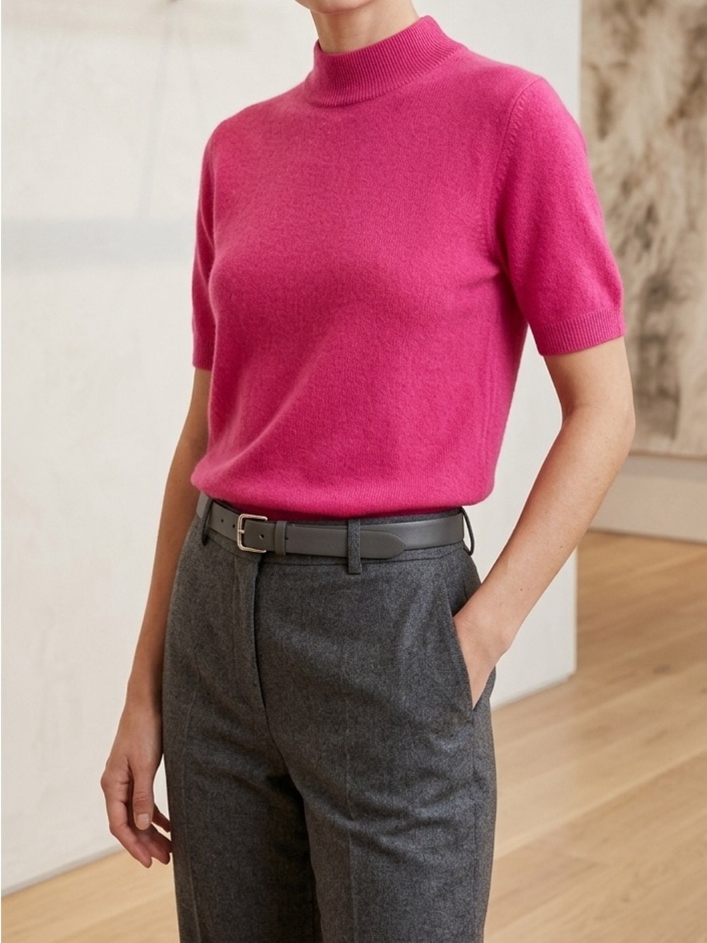 Burberry Cashmere Vintage Large Short-Sleeve Knit Shirt in Fuchsia Pink